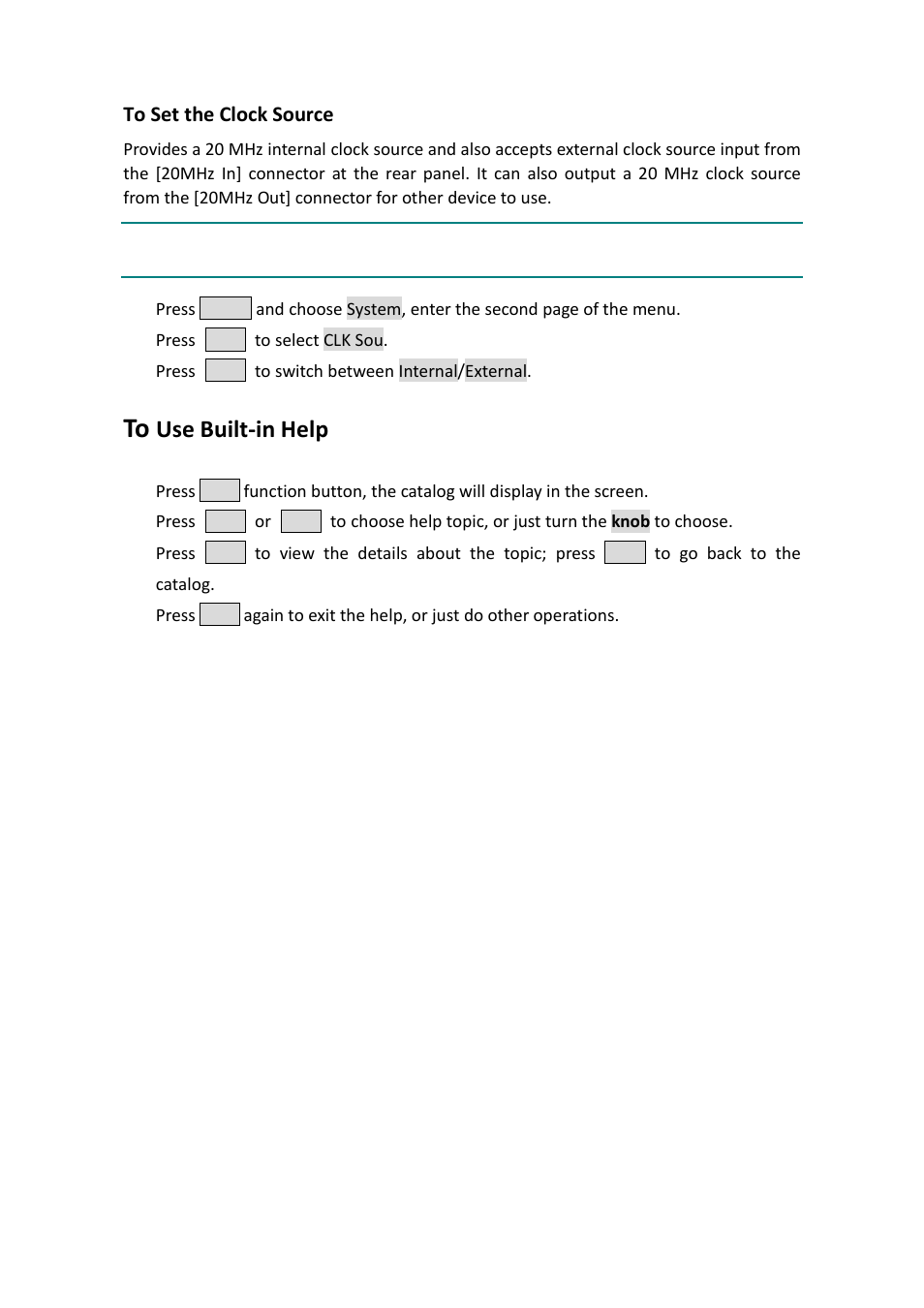 To set the clock source, To use built-in help, Use built-in help | OWON AG1022 User Manual | Page 34 / 41