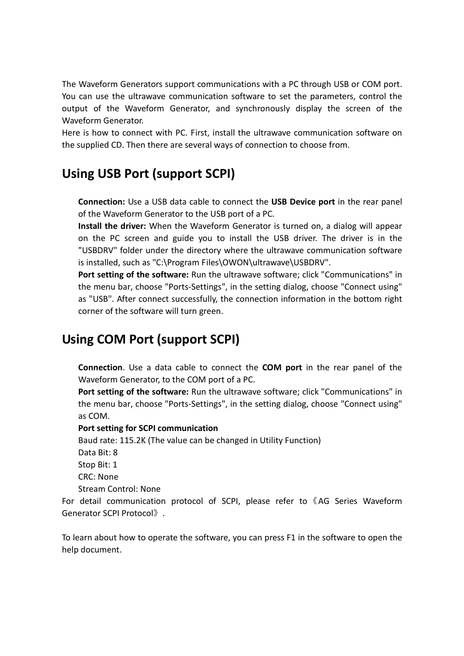 Communication with pc, Using usb port (support scpi), Using com port (support scpi) | OWON AG1022 User Manual | Page 35 / 41