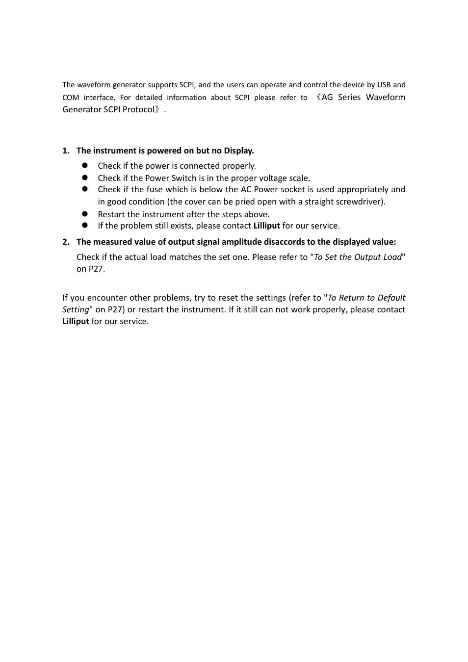 Scpi, Troubleshooting | OWON AG1022 User Manual | Page 36 / 41