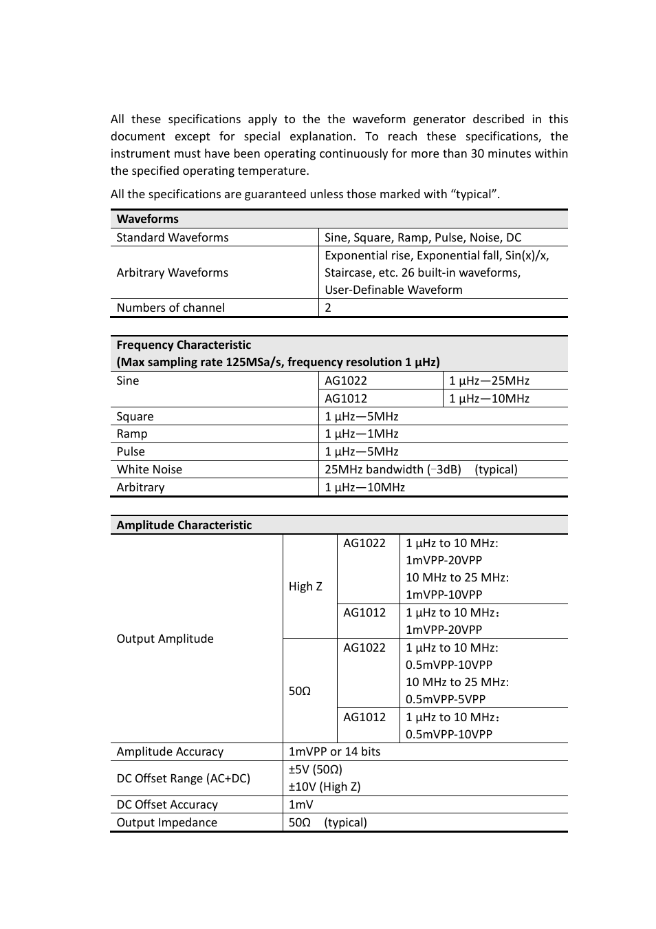 Technical specifications | OWON AG1022 User Manual | Page 37 / 41