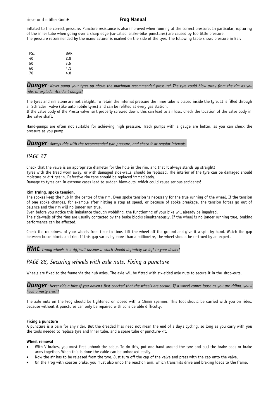 Danger, Hint, Page 27 | Pacific Cycles FROG User Manual | Page 11 / 19