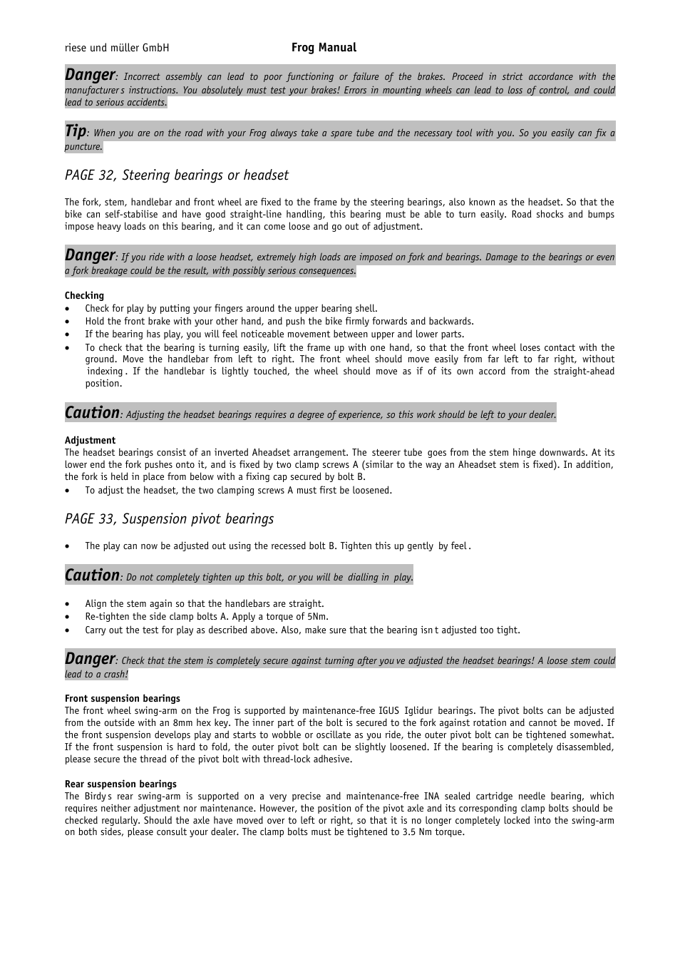 Danger, Caution, Page 32, steering bearings or headset | Page 33, suspension pivot bearings | Pacific Cycles FROG User Manual | Page 13 / 19