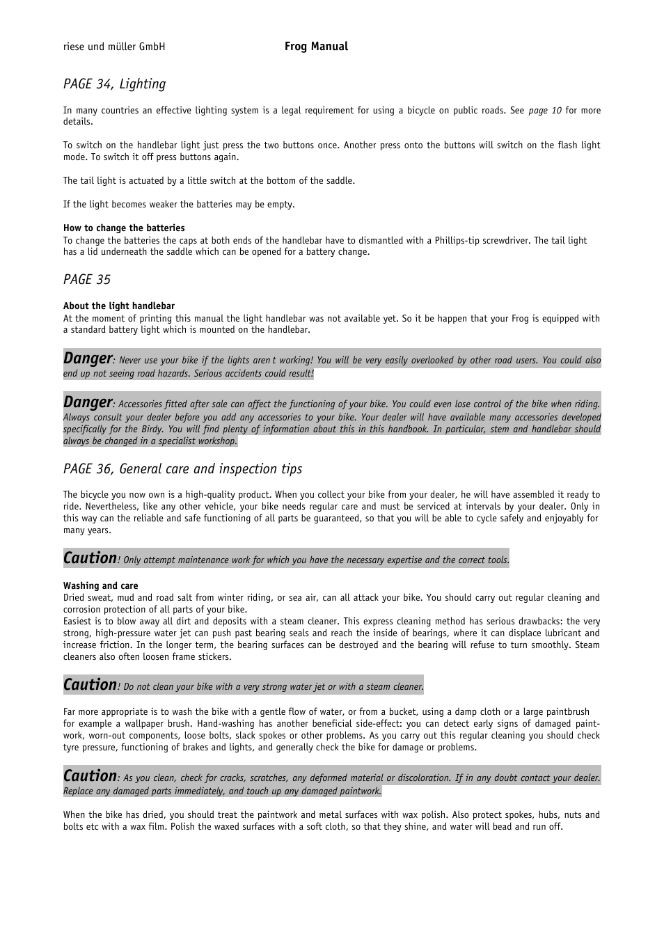 Danger, Caution, Page 34, lighting | Page 35, Page 36, general care and inspection tips | Pacific Cycles FROG User Manual | Page 14 / 19