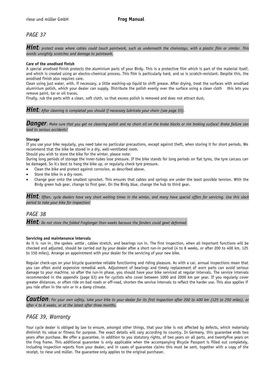 Hint, Danger, Caution | Page 37, Page 38, Page 39, warranty | Pacific Cycles FROG User Manual | Page 15 / 19