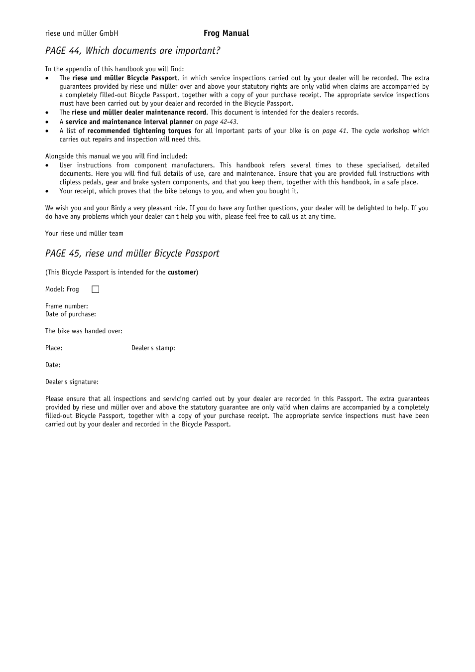 Page 44, which documents are important, Page 45, riese und müller bicycle passport | Pacific Cycles FROG User Manual | Page 17 / 19