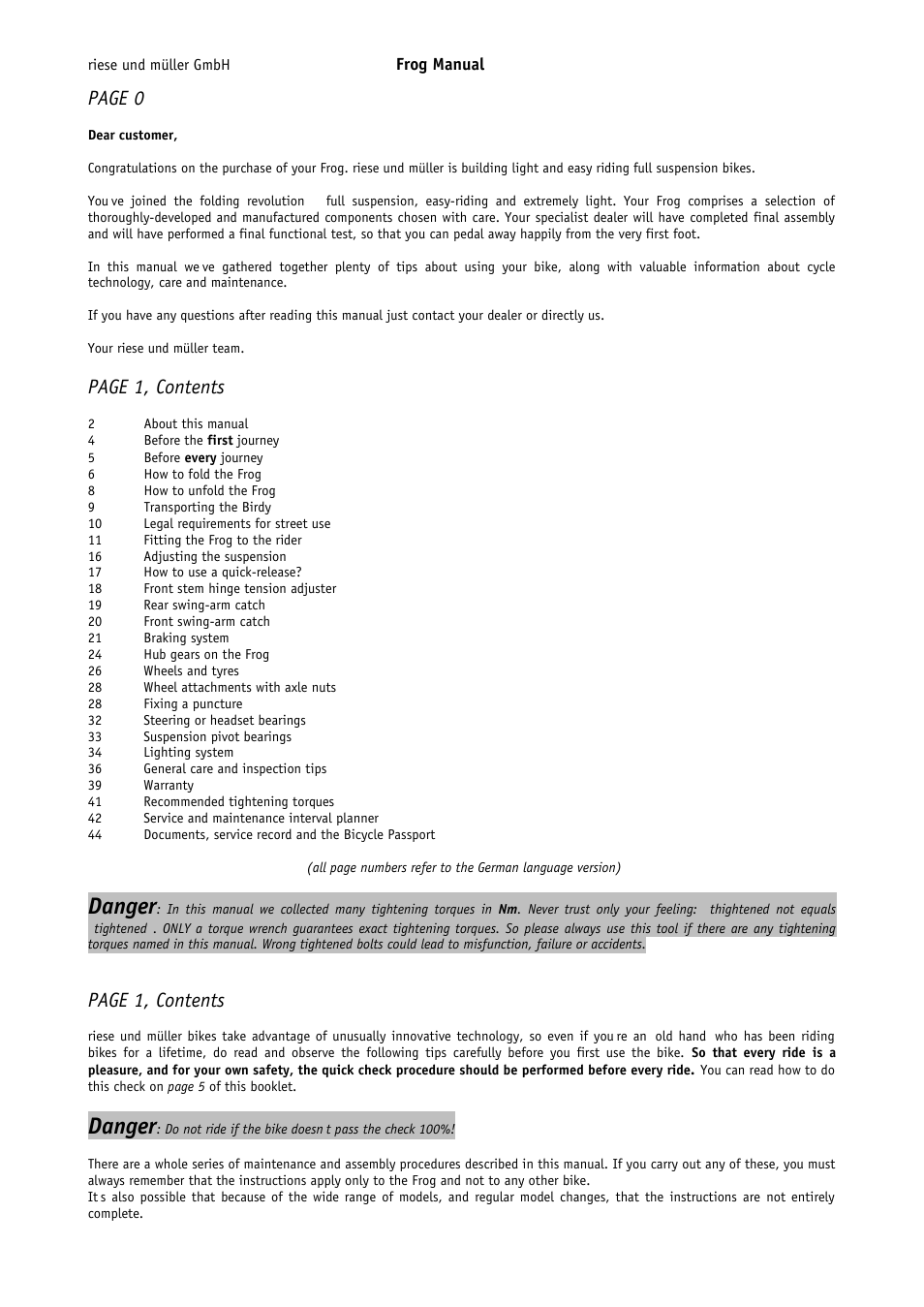 Danger, Page 0, Page 1, contents | Pacific Cycles FROG User Manual | Page 2 / 19