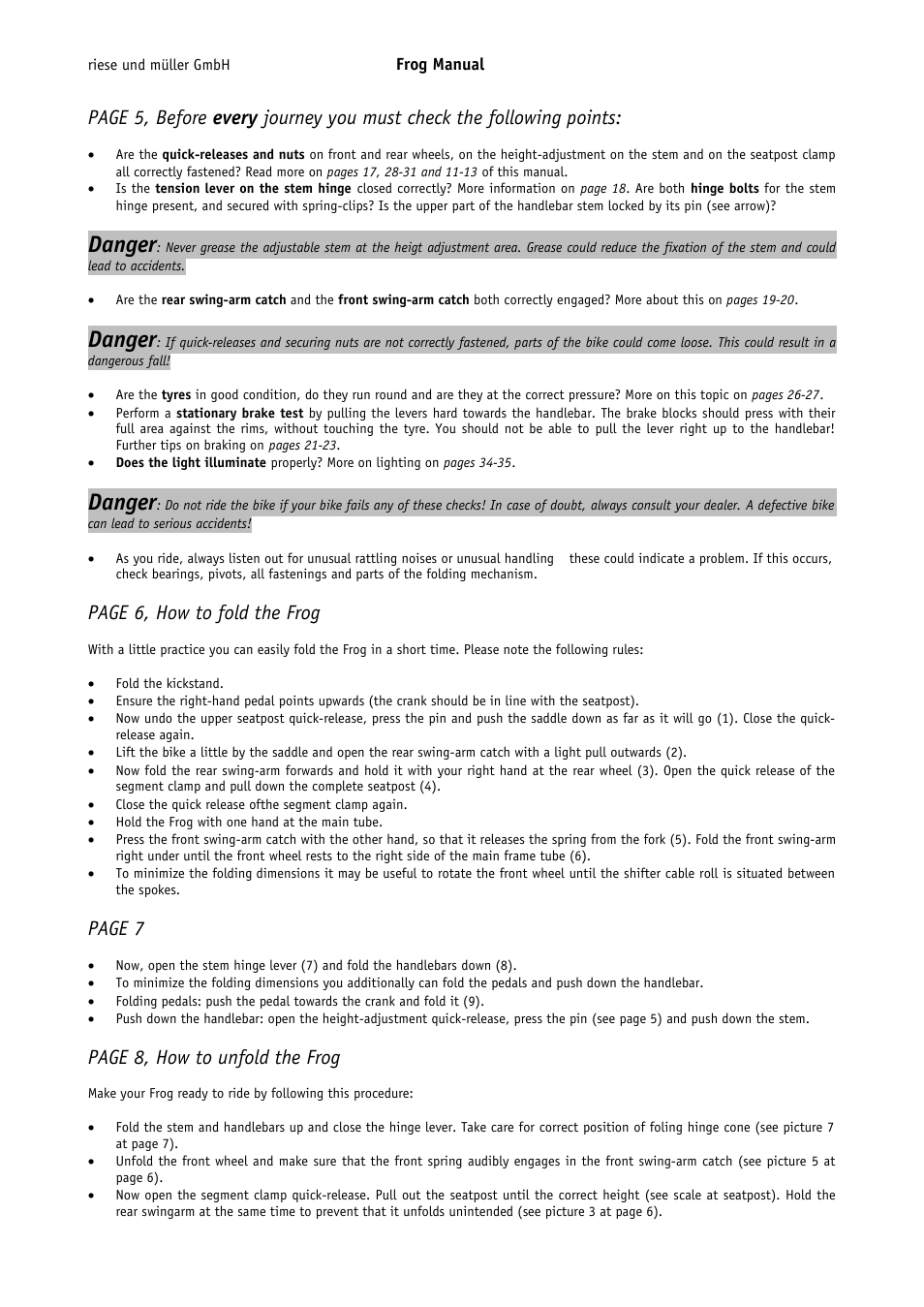 Danger, Page 6, how to fold the frog, Page 7 | Page 8, how to unfold the frog | Pacific Cycles FROG User Manual | Page 4 / 19