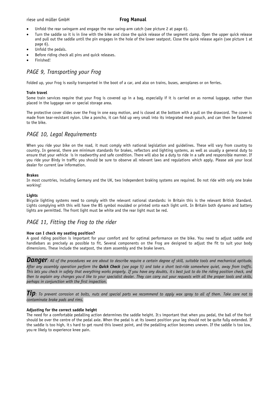 Danger, Page 9, transporting your frog, Page 10, legal requirements | Page 11, fitting the frog to the rider | Pacific Cycles FROG User Manual | Page 5 / 19