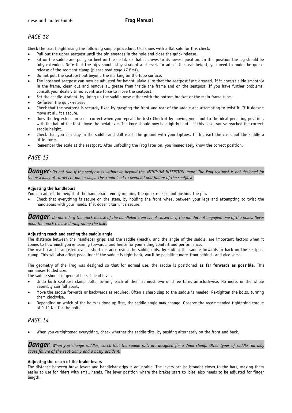 Danger, Page 12, Page 13 | Page 14 | Pacific Cycles FROG User Manual | Page 6 / 19