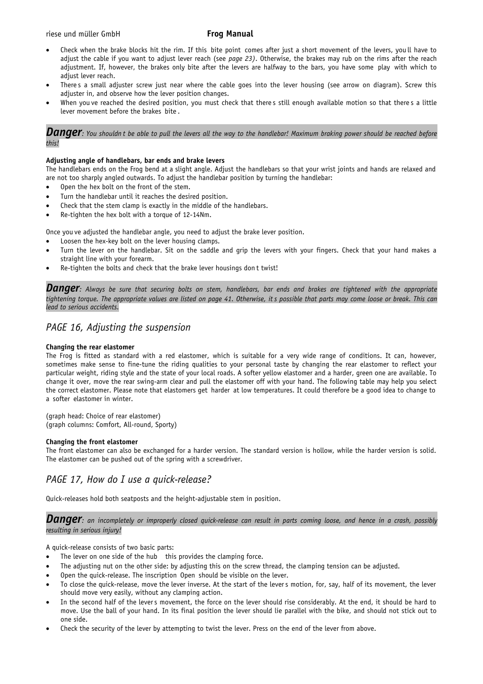 Danger, Page 16, adjusting the suspension, Page 17, how do i use a quick-release | Pacific Cycles FROG User Manual | Page 7 / 19