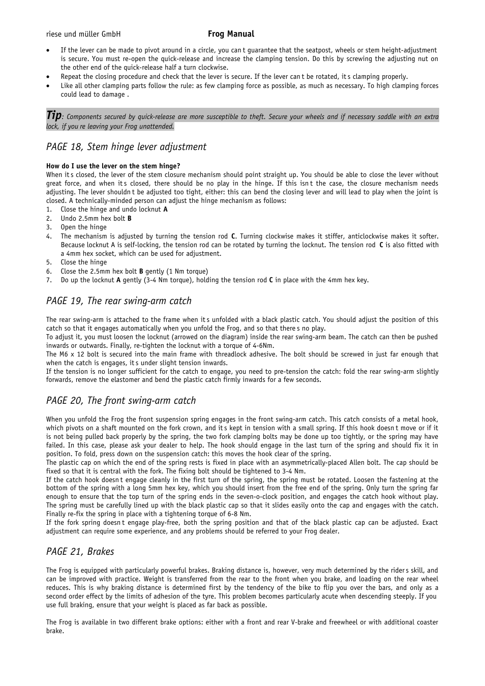 Page 18, stem hinge lever adjustment, Page 19, the rear swing-arm catch, Page 20, the front swing-arm catch | Page 21, brakes | Pacific Cycles FROG User Manual | Page 8 / 19