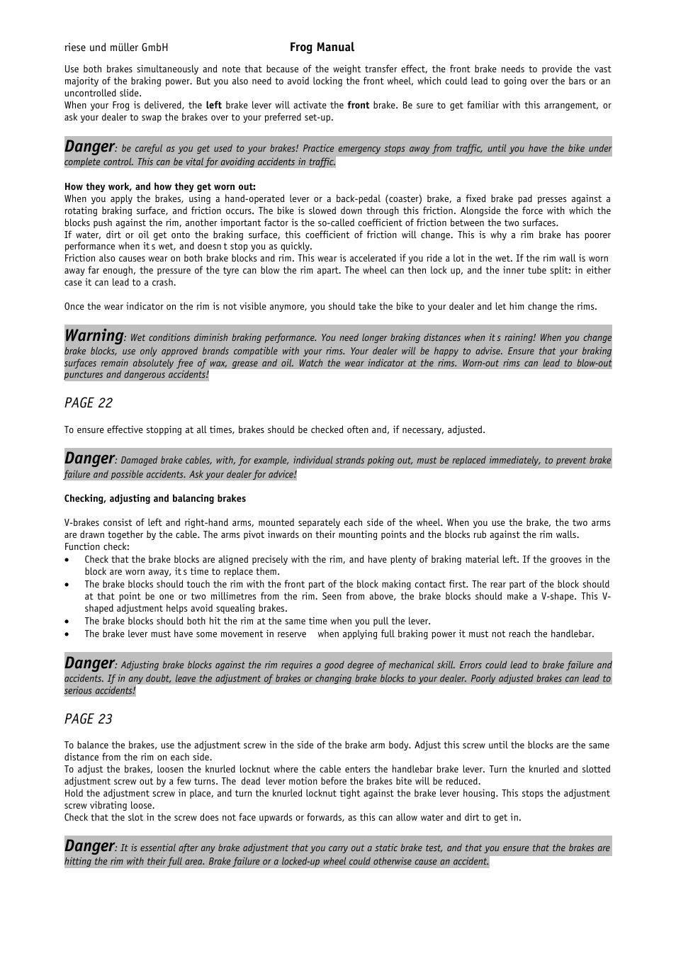 Danger, Warning, Page 22 | Page 23 | Pacific Cycles FROG User Manual | Page 9 / 19
