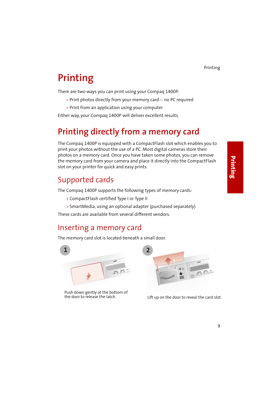 Printing, Print from an application using your computer, Printing directly from a memory card | Supported cards, Inserting a memory card | Compaq 1400P User Manual | Page 11 / 32