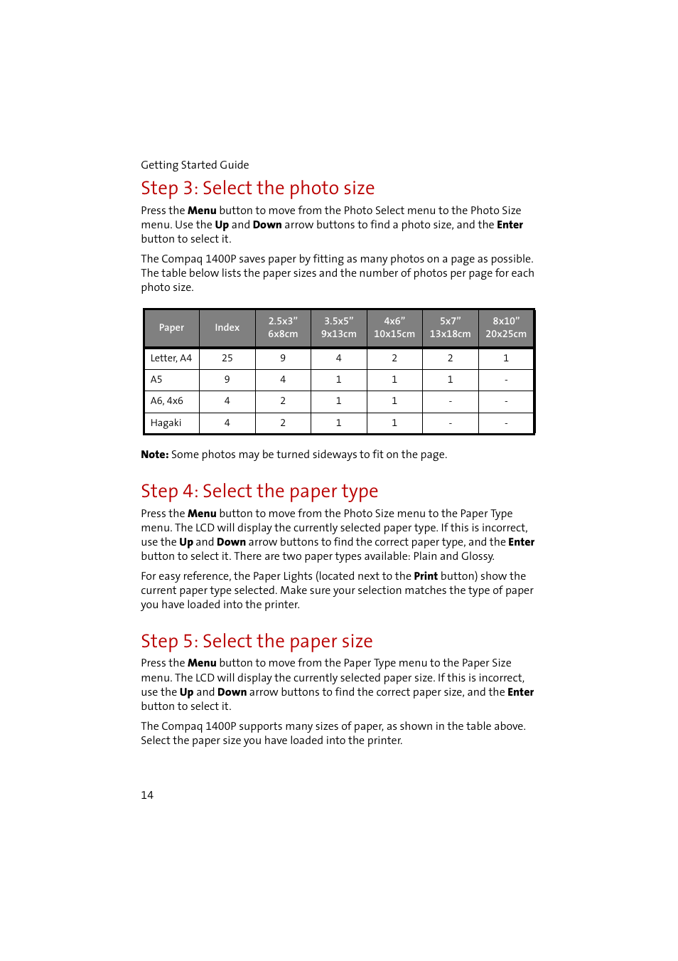 Step3: select the photo size, Step4: select the paper type, Step5: select the paper size | Step 3: select the photo size, Step 4: select the paper type, Step 5: select the paper size | Compaq 1400P User Manual | Page 16 / 32