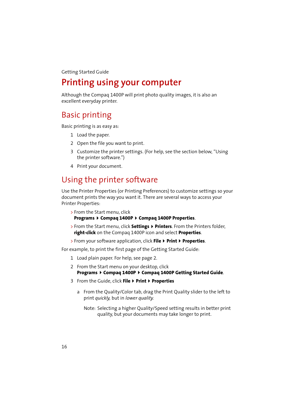 Printing using your computer, Basic printing, 1 load the paper | 2 open the file you want to print, 4 print your document, Using the printer software, 3 from the guide, click file print properties | Compaq 1400P User Manual | Page 18 / 32