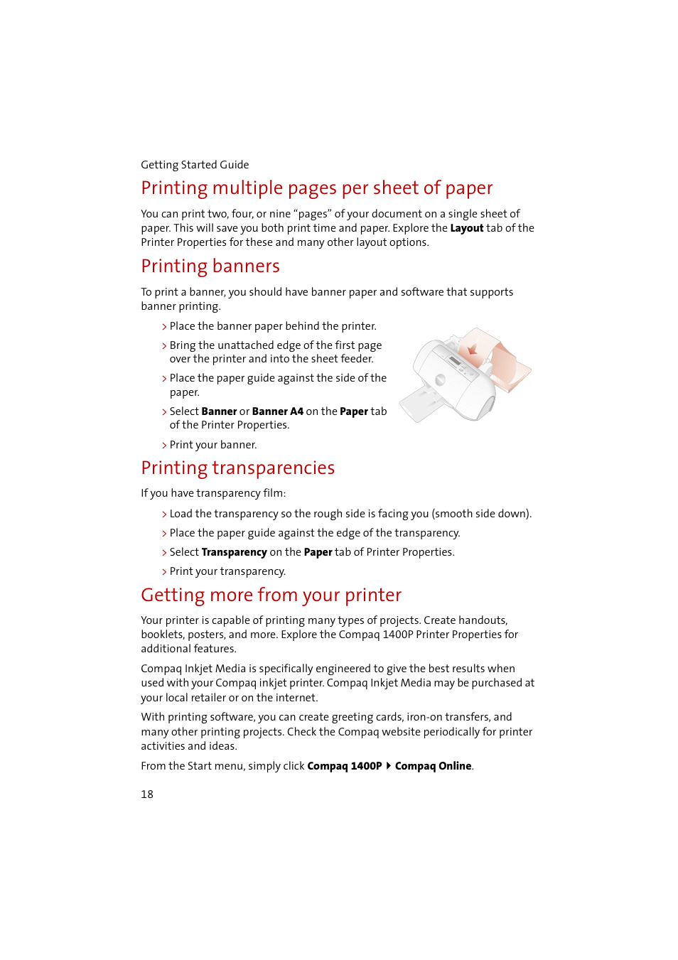 Printing banners, Place the banner paper behind the printer, Print your banner | Printing transparencies, Print your transparency, Getting more from your printer, Printing multiple pages per sheet of paper | Compaq 1400P User Manual | Page 20 / 32