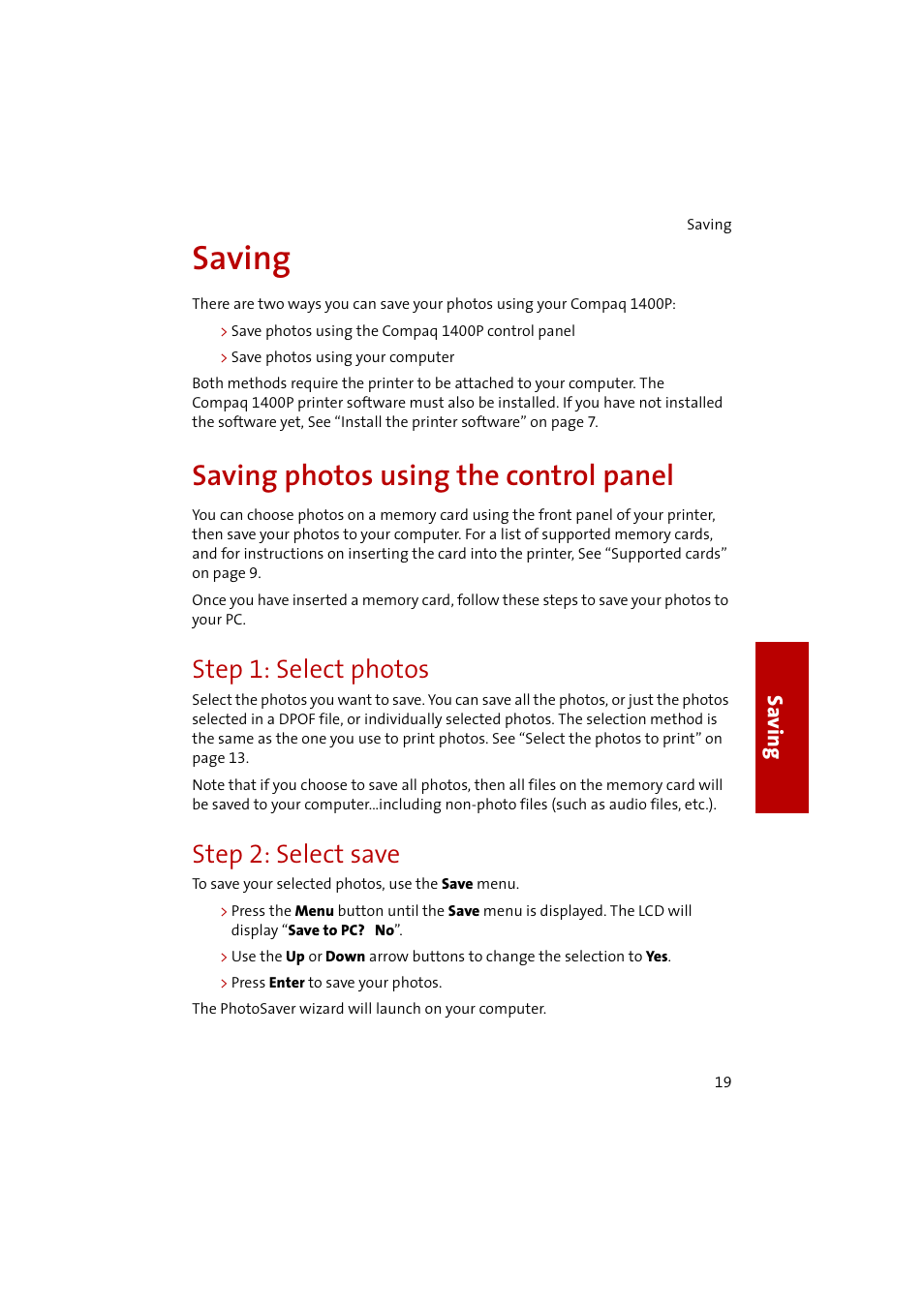 Saving, Save photos using the compaq1400p control panel, Save photos using your computer | Saving photos using the control panel, Step1: select photos, Step2: select save, Press enter to save your photos, Step 1: select photos, Step 2: select save, Sa vi ng | Compaq 1400P User Manual | Page 21 / 32