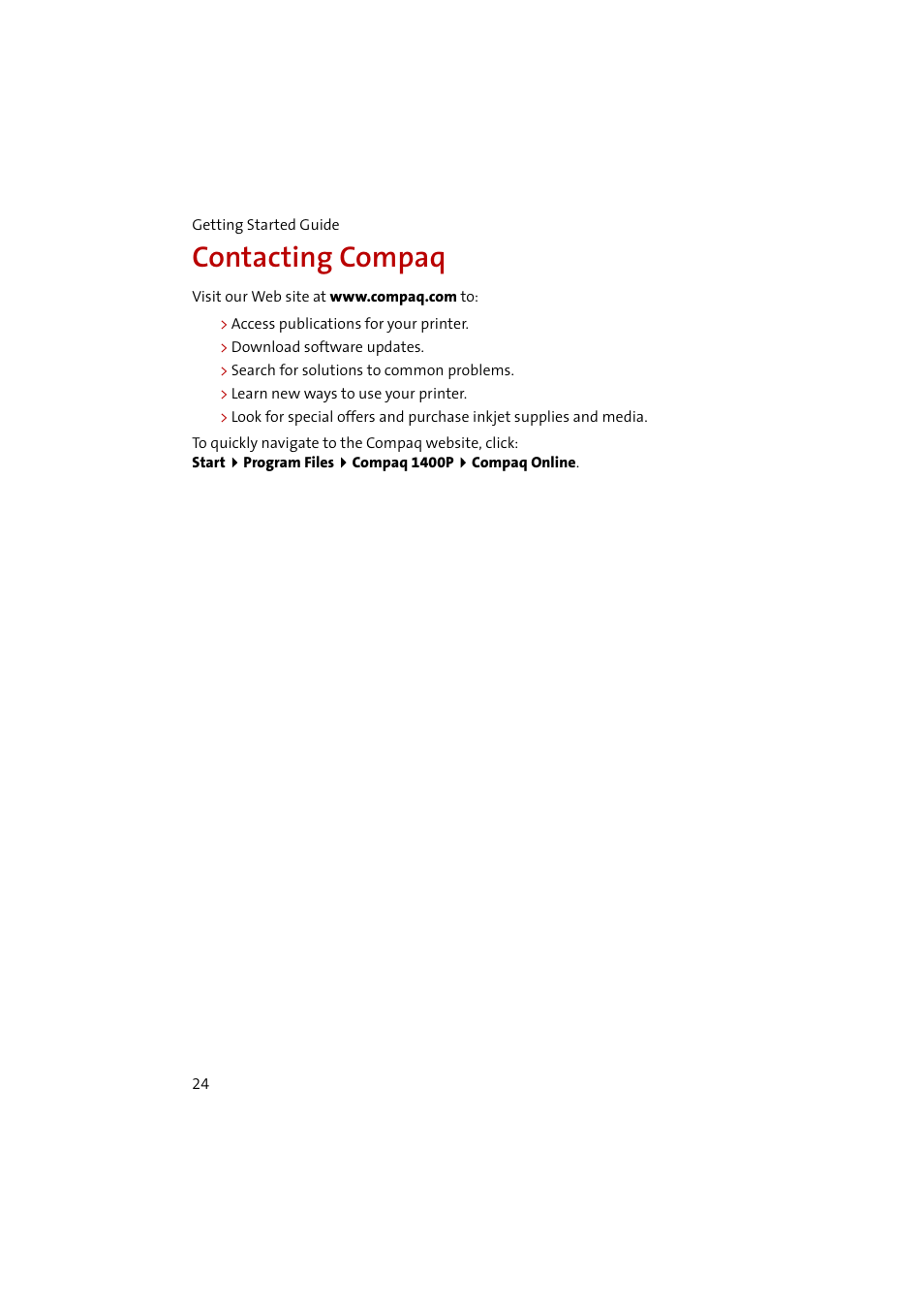Contacting compaq | Compaq 1400P User Manual | Page 26 / 32