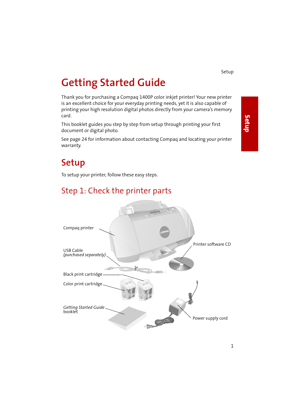 Getting started guide, Setup, Step1: check the printer parts | Step 1: check the printer parts, Se tup | Compaq 1400P User Manual | Page 3 / 32