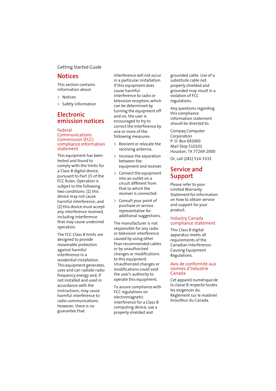 Notices, Safety information, Electronic emission notices | Reorient or relocate the receiving antenna, Service and support, Industry canada compliance statement, Avis de conformité aux normes d’industrie canada | Compaq 1400P User Manual | Page 30 / 32