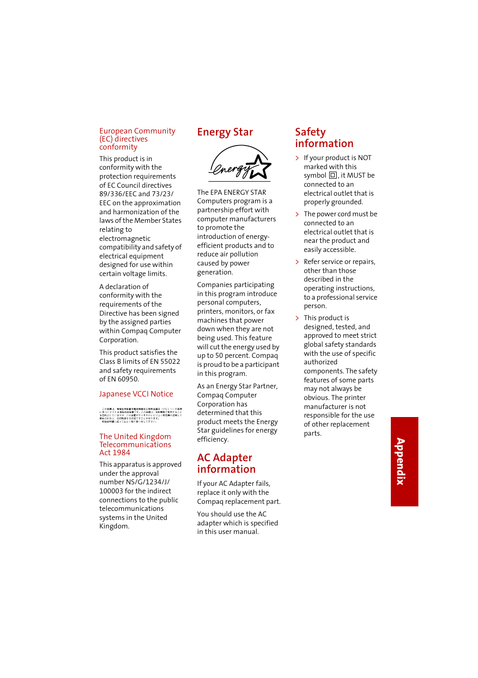 European community (ec) directives conformity, Japanese vcci notice, The united kingdom telecommunications act 1984 | Energy star, Ac adapter information, Safety information, Appe ndix | Compaq 1400P User Manual | Page 31 / 32