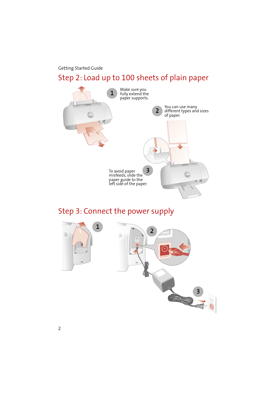 Step2: load up to 100 sheets of plain paper, Step3: connect the power supply | Compaq 1400P User Manual | Page 4 / 32