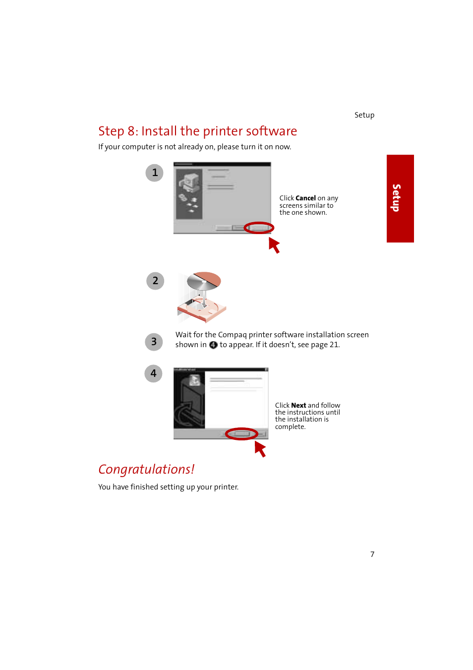 Step8: install the printer software, Congratulations, Step 8: install the printer software | Se tup | Compaq 1400P User Manual | Page 9 / 32