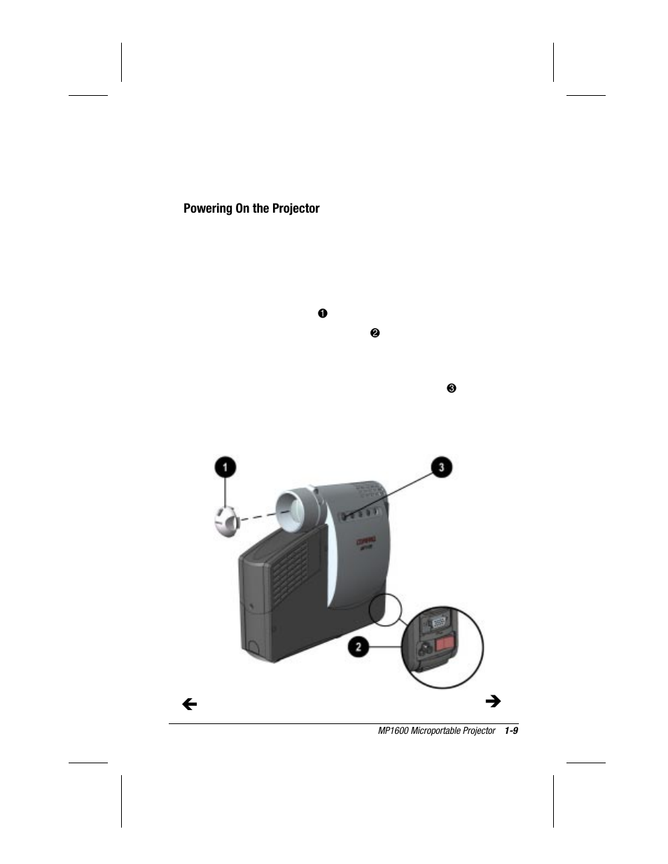 Powering on the projector | Compaq MP1600 User Manual | Page 15 / 50