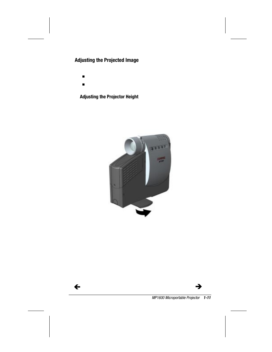 Adjusting the projected image, Adjusting the projector height | Compaq MP1600 User Manual | Page 17 / 50