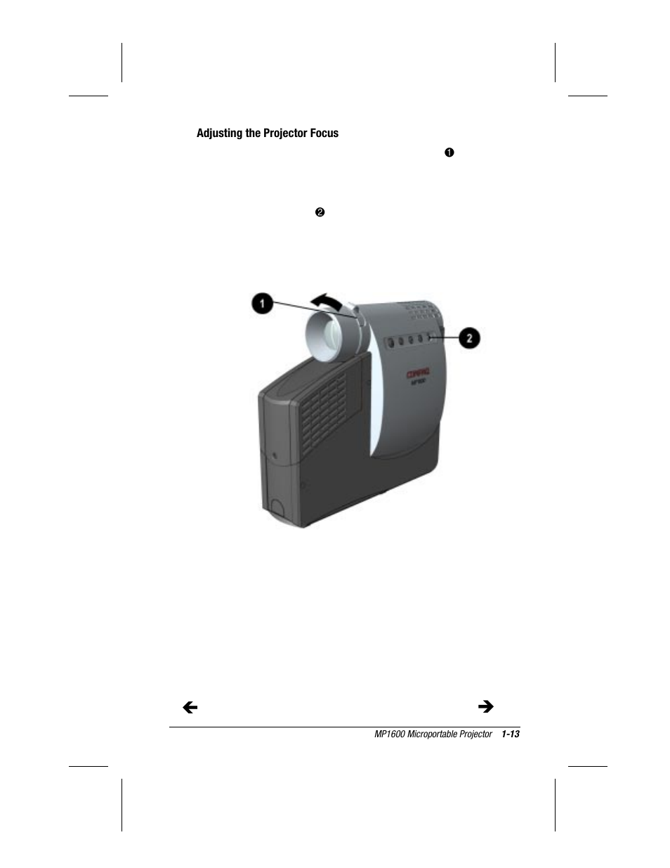 Adjusting the projector focus | Compaq MP1600 User Manual | Page 19 / 50