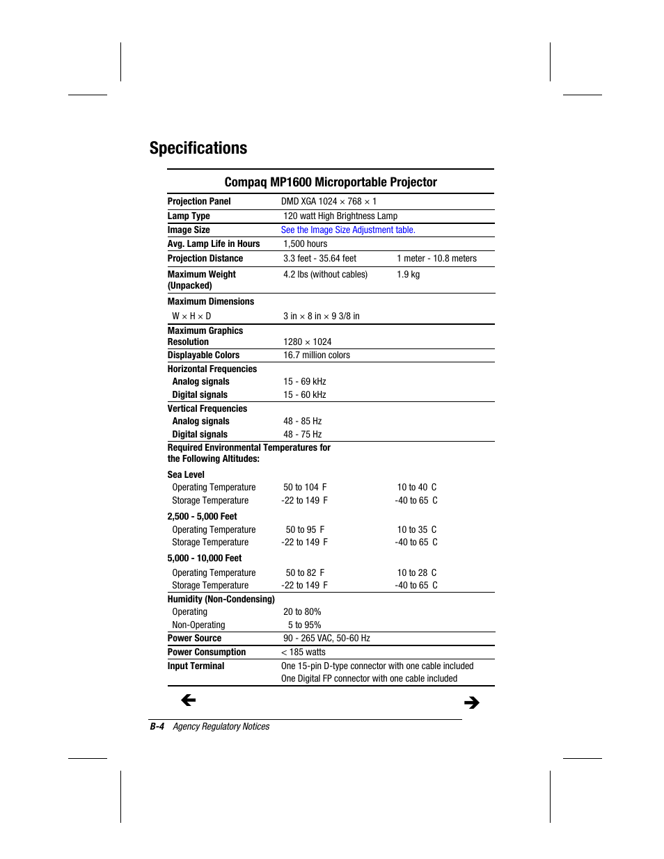 Specifications, Compaq mp1600 microportable projector | Compaq MP1600 User Manual | Page 44 / 50