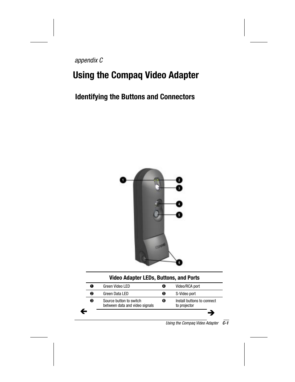 Appendix c, Using the compaq video adapter, Using | The compaq video adapter, Identifying the buttons and connectors | Compaq MP1600 User Manual | Page 47 / 50