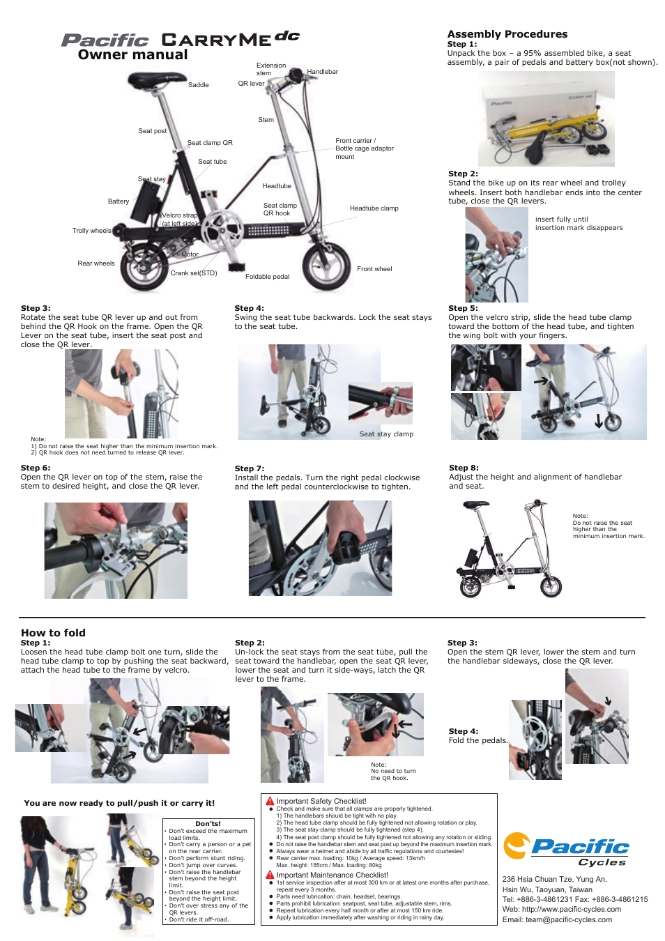 Carryme dc owner manual 2011-web, Owner manual, Assembly procedures | How to fold | Pacific Cycles CARRYME DC User Manual | Page 6 / 6