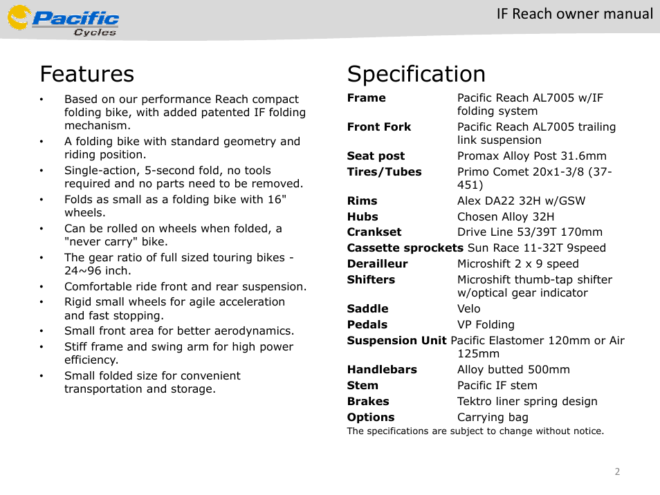 Features, Specification, If reach owner manual | Pacific Cycles IF Reach User Manual | Page 2 / 14