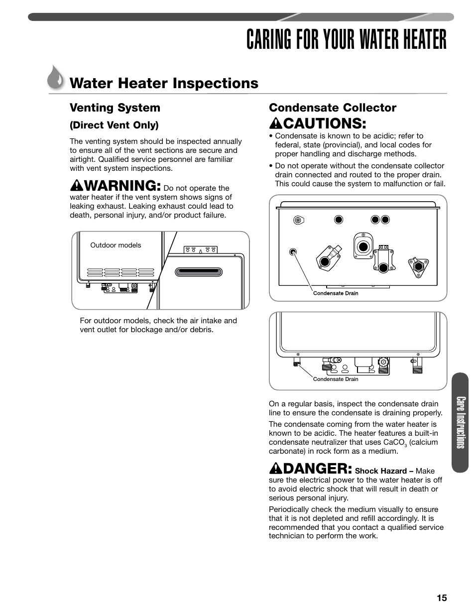 Caring for your water heater, Water heater inspections, Warning | Cautions, Danger, Care instructions, Venting system, Condensate collector | Paloma PHH-32 part 1 User Manual | Page 15 / 36