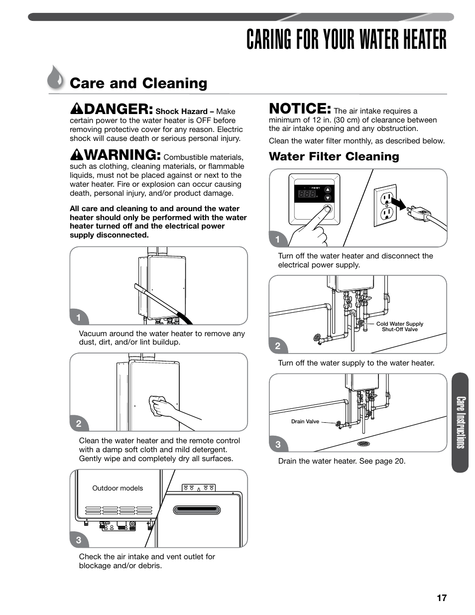 Caring for your water heater, Care and cleaning danger, Warning | Notice, Care instructions, Water filter cleaning | Paloma PHH-32 part 1 User Manual | Page 17 / 36