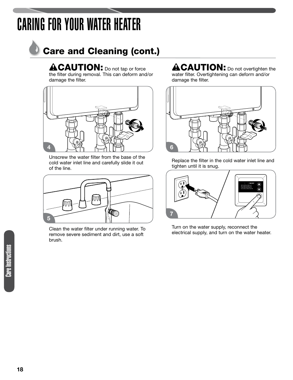 Caring for your water heater, Caution, Care and cleaning (cont.) | Care instructions | Paloma PHH-32 part 1 User Manual | Page 18 / 36