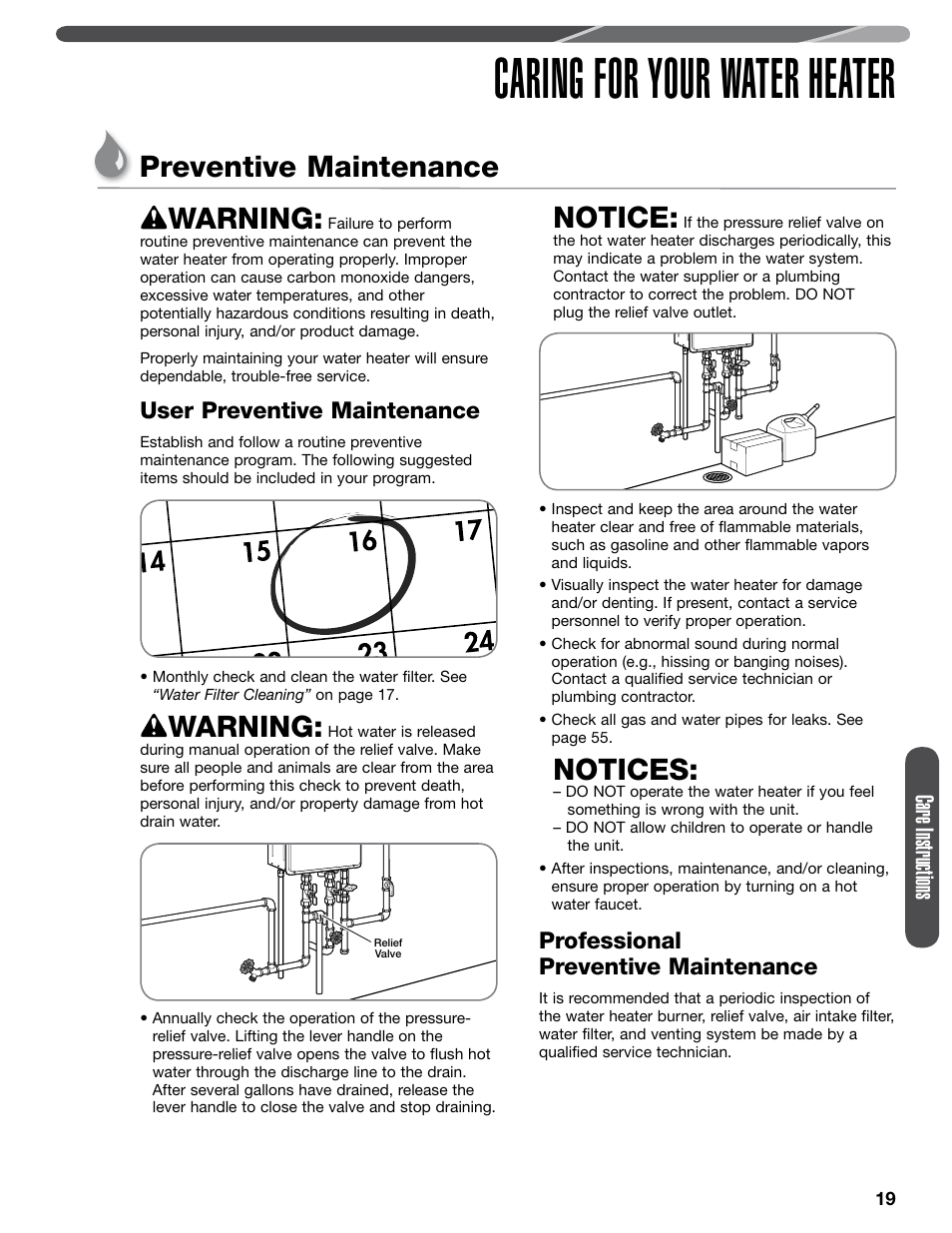 Caring for your water heater, Preventive maintenance warning, Warning | Notice, Notices, Care instructions, User preventive maintenance, Professional preventive maintenance | Paloma PHH-32 part 1 User Manual | Page 19 / 36