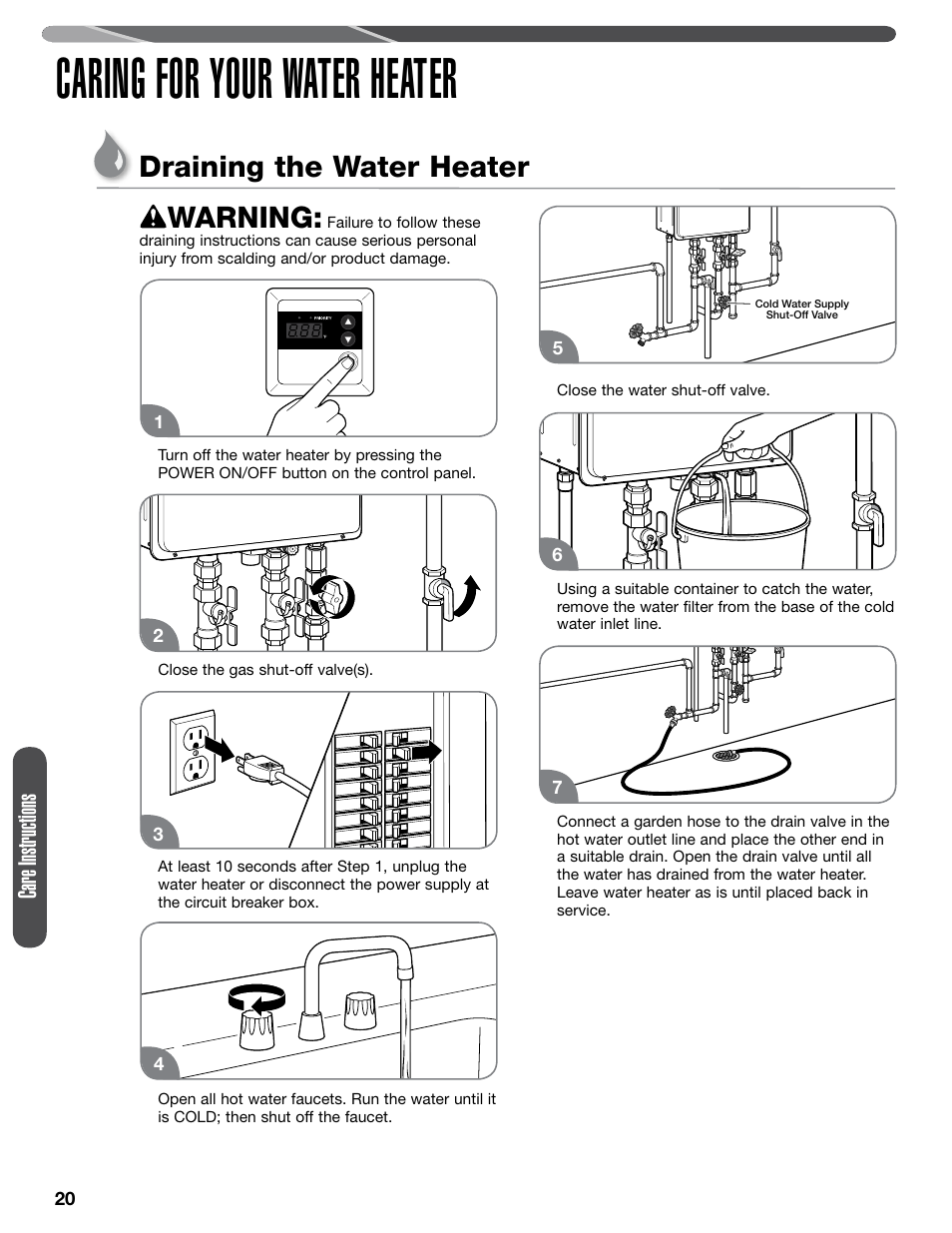 Caring for your water heater, Draining the water heater warning, Care instructions | Paloma PHH-32 part 1 User Manual | Page 20 / 36