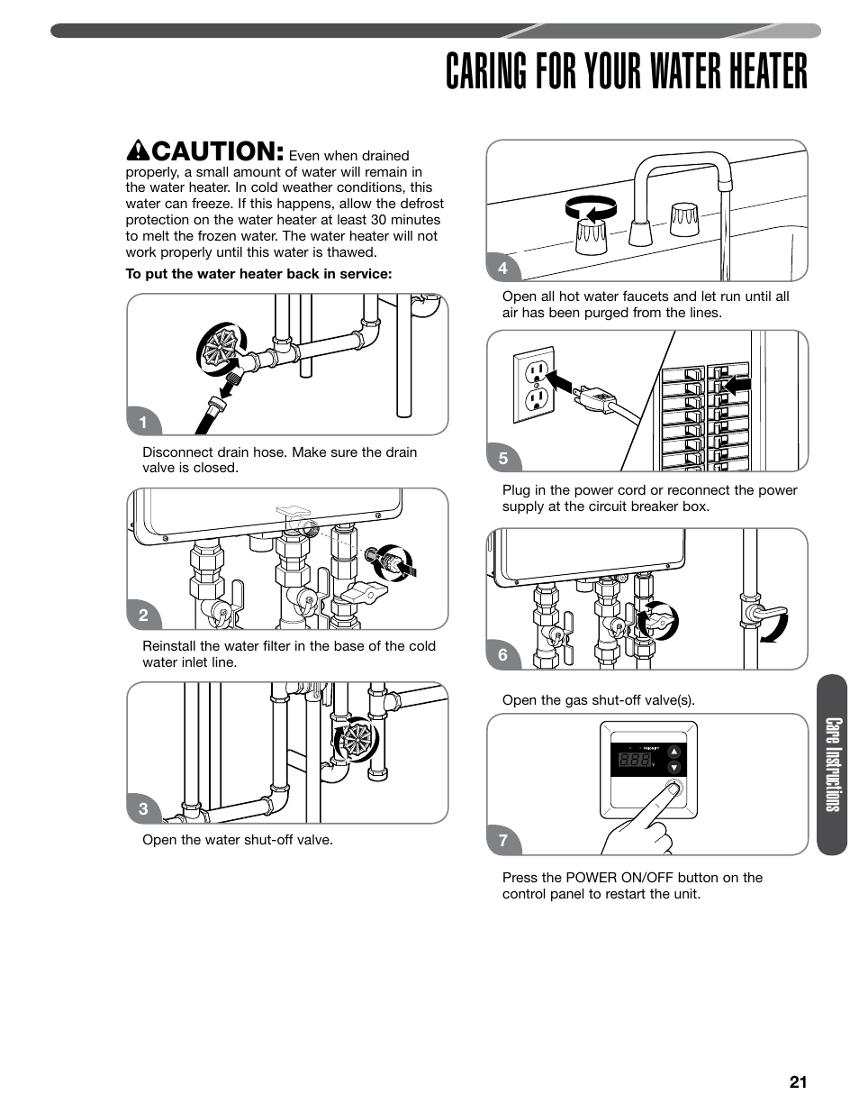 Caring for your water heater, Caution, Care instructions | Paloma PHH-32 part 1 User Manual | Page 21 / 36