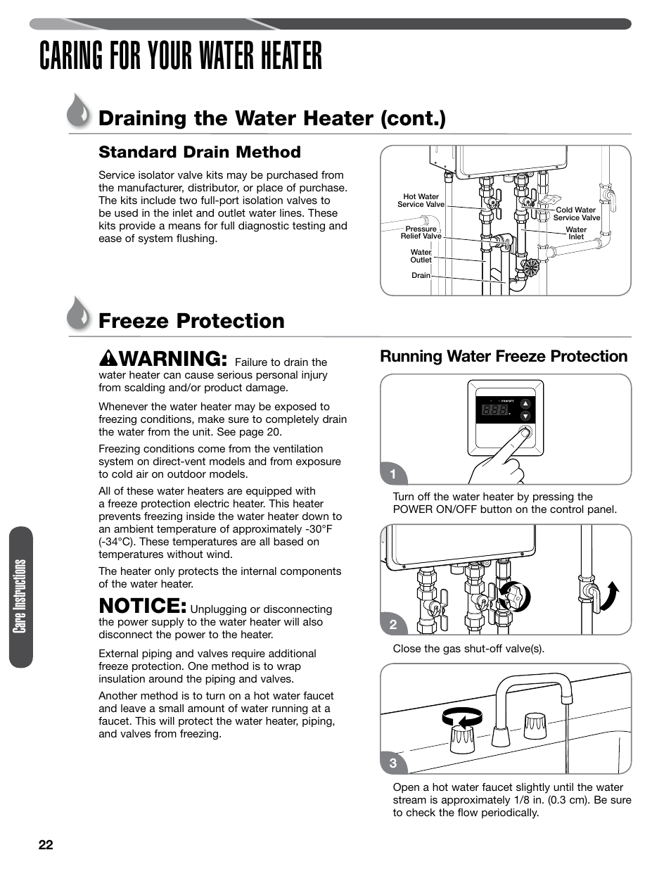 Caring for your water heater, Draining the water heater (cont.), Freeze protection warning | Notice, Care instructions, Standard drain method, Running water freeze protection | Paloma PHH-32 part 1 User Manual | Page 22 / 36