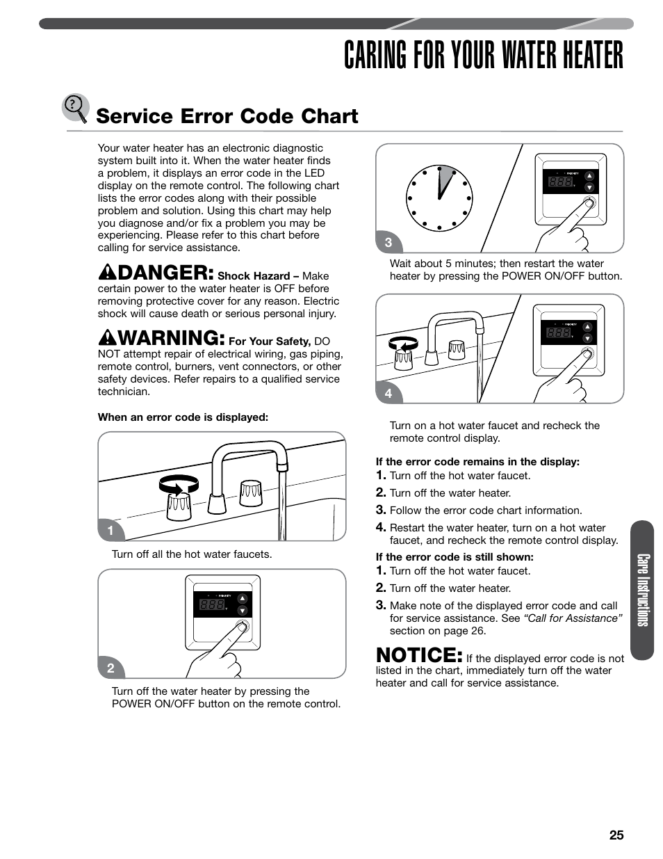 Caring for your water heater, Service error code chart, Danger | Warning, Notice, Care instructions | Paloma PHH-32 part 1 User Manual | Page 25 / 36