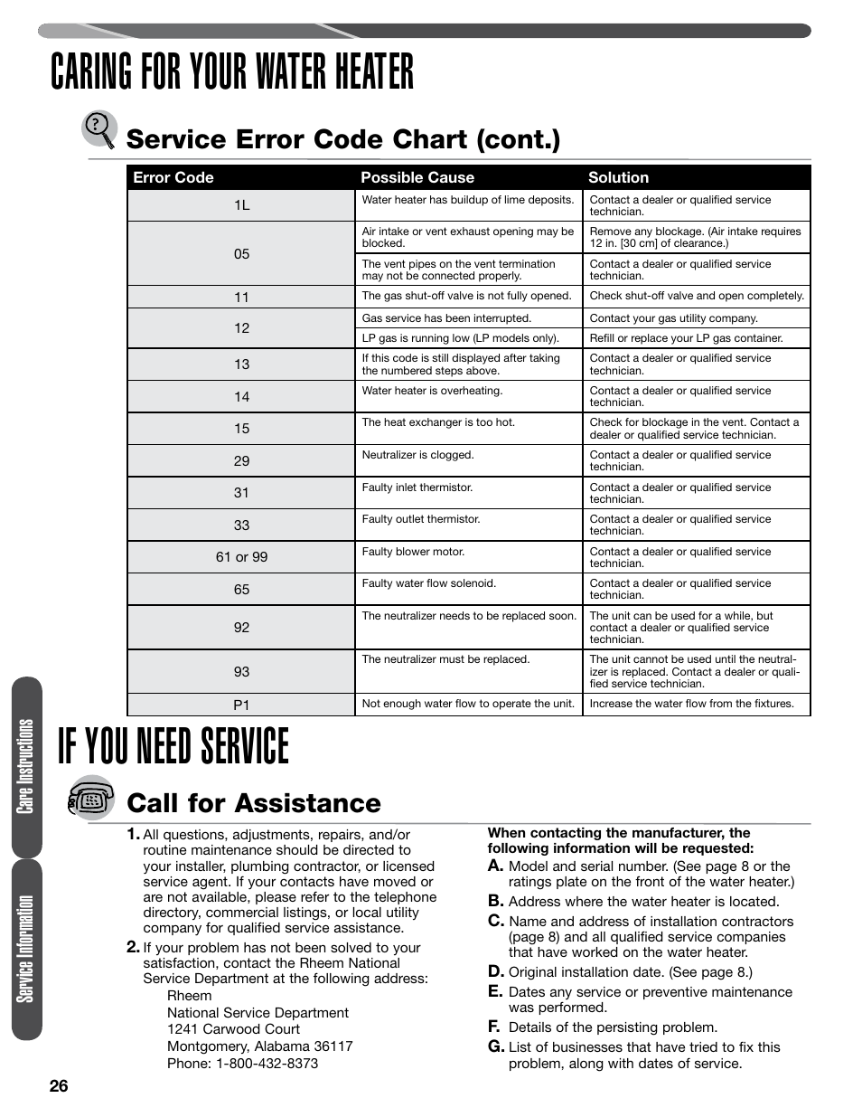 Caring for your water heater, If you need service, Service error code chart (cont.) | Call for assistance, Service information, Care instructions | Paloma PHH-32 part 1 User Manual | Page 26 / 36