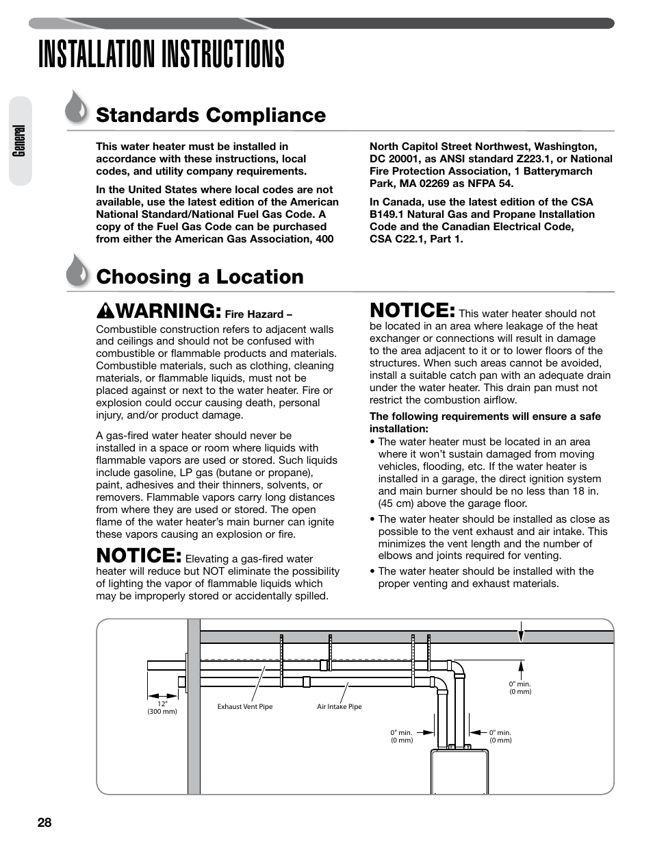 Installation instructions, Standards compliance, Choosing a location warning | Notice, General | Paloma PHH-32 part 1 User Manual | Page 28 / 36