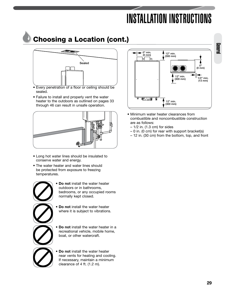 Installation instructions, Choosing a location (cont.), General | Paloma PHH-32 part 1 User Manual | Page 29 / 36