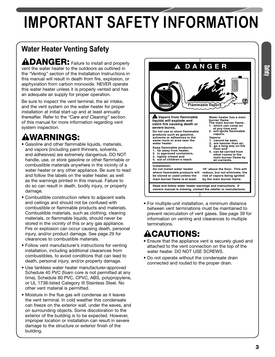 Important safety information, Danger, Warnings | Cautions, Water heater venting safety, Safety | Paloma PHH-32 part 1 User Manual | Page 3 / 36