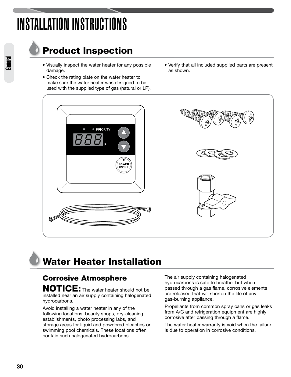 Installation instructions, Product inspection, Water heater installation | Notice, General, Corrosive atmosphere | Paloma PHH-32 part 1 User Manual | Page 30 / 36