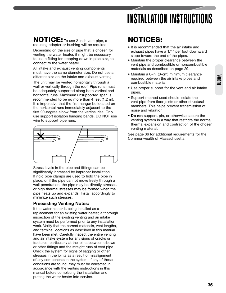 Installation instructions, Notice, Notices | Venting | Paloma PHH-32 part 1 User Manual | Page 35 / 36