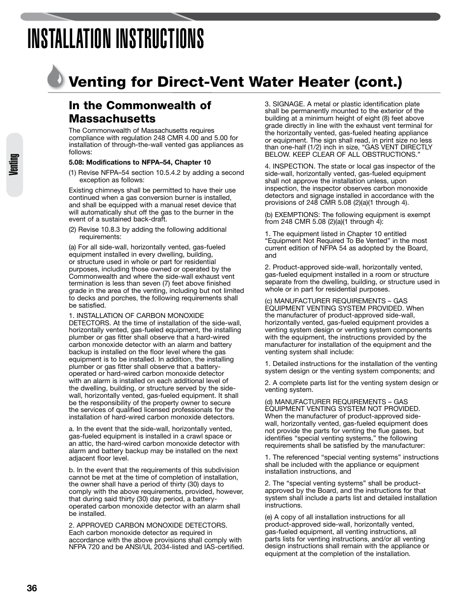 Installation instructions, Venting for direct-vent water heater (cont.), Venting | Paloma PHH-32 part 1 User Manual | Page 36 / 36