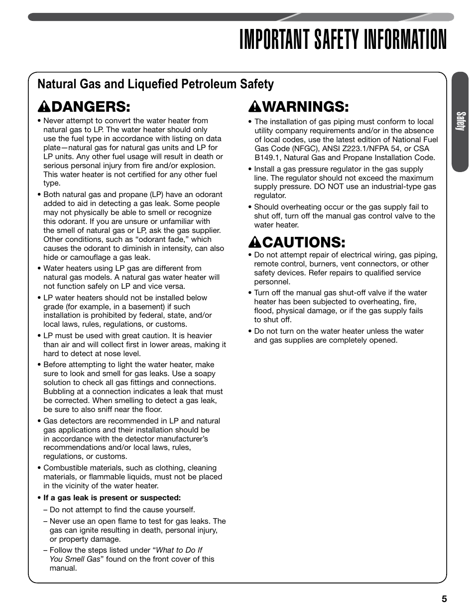 Important safety information, Warnings, Cautions | Dangers, Natural gas and liquefied petroleum safety, Safety | Paloma PHH-32 part 1 User Manual | Page 5 / 36